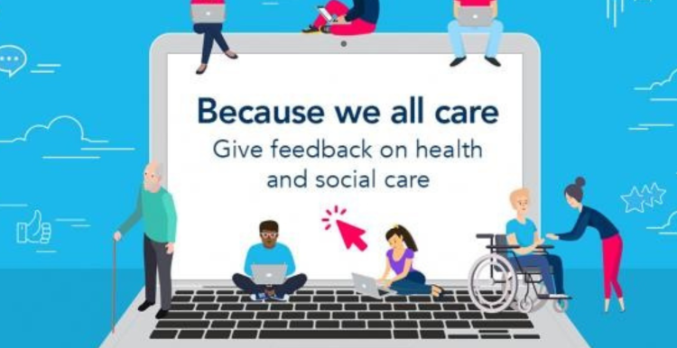 A cartoon of a laptop with images of people surrounding it. The headline on the screen says "Because we all care. There is a Healthwatch Bexley logo in the top right.