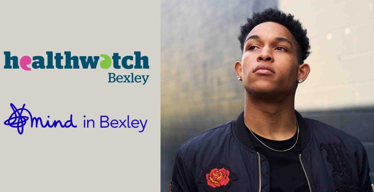 A close-up portrait of a young adult standing outdoors against a blurred city background, looking slightly upward. They are wearing a black bomber jacket with embroidered patches, a black top, earrings and a thin chain necklace. The Healthwatch Bexley and Mind in Bexley logos are on the left.