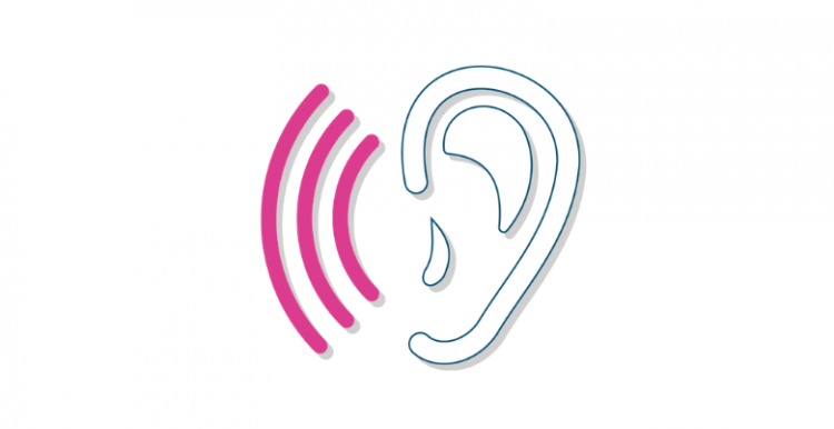 Ear graphic with three semi-circle pink lines representing sound