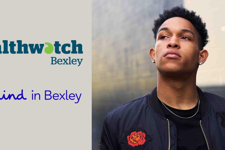 A close-up portrait of a young adult standing outdoors against a blurred city background, looking slightly upward. They are wearing a black bomber jacket with embroidered patches, a black top, earrings and a thin chain necklace. The Healthwatch Bexley and Mind in Bexley logos are on the left.