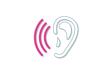 Ear graphic with three semi-circle pink lines representing sound